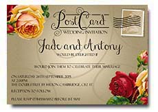Wedding Invites Evening Invitatoins Save The Date Vintage Postcard Stamp Roses Flowers
